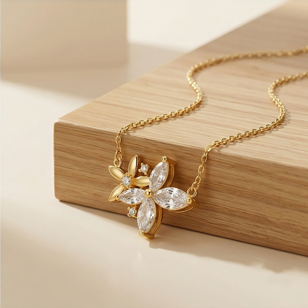 925 Sterling Silver Gold Plated Floral Cluster Necklace Jewellery : AGkDK02119