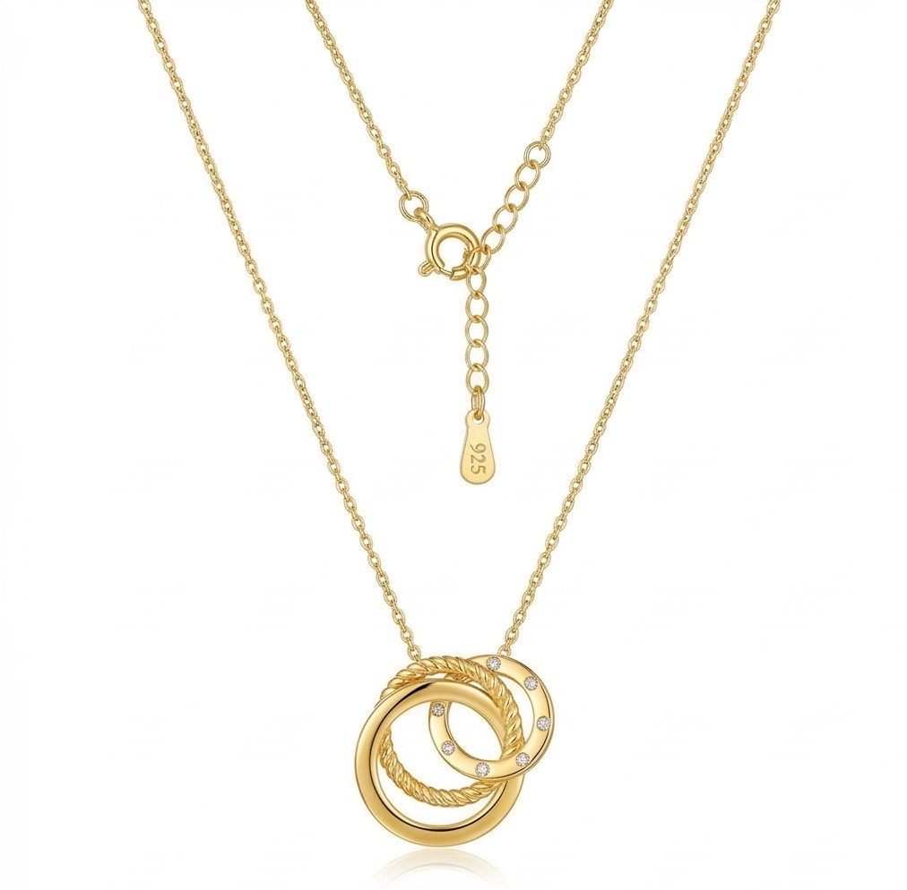 925 Sterling Silver Gold Plated Interlocking Rings Pendant Necklace Jewellery For Women : AGkDK02125