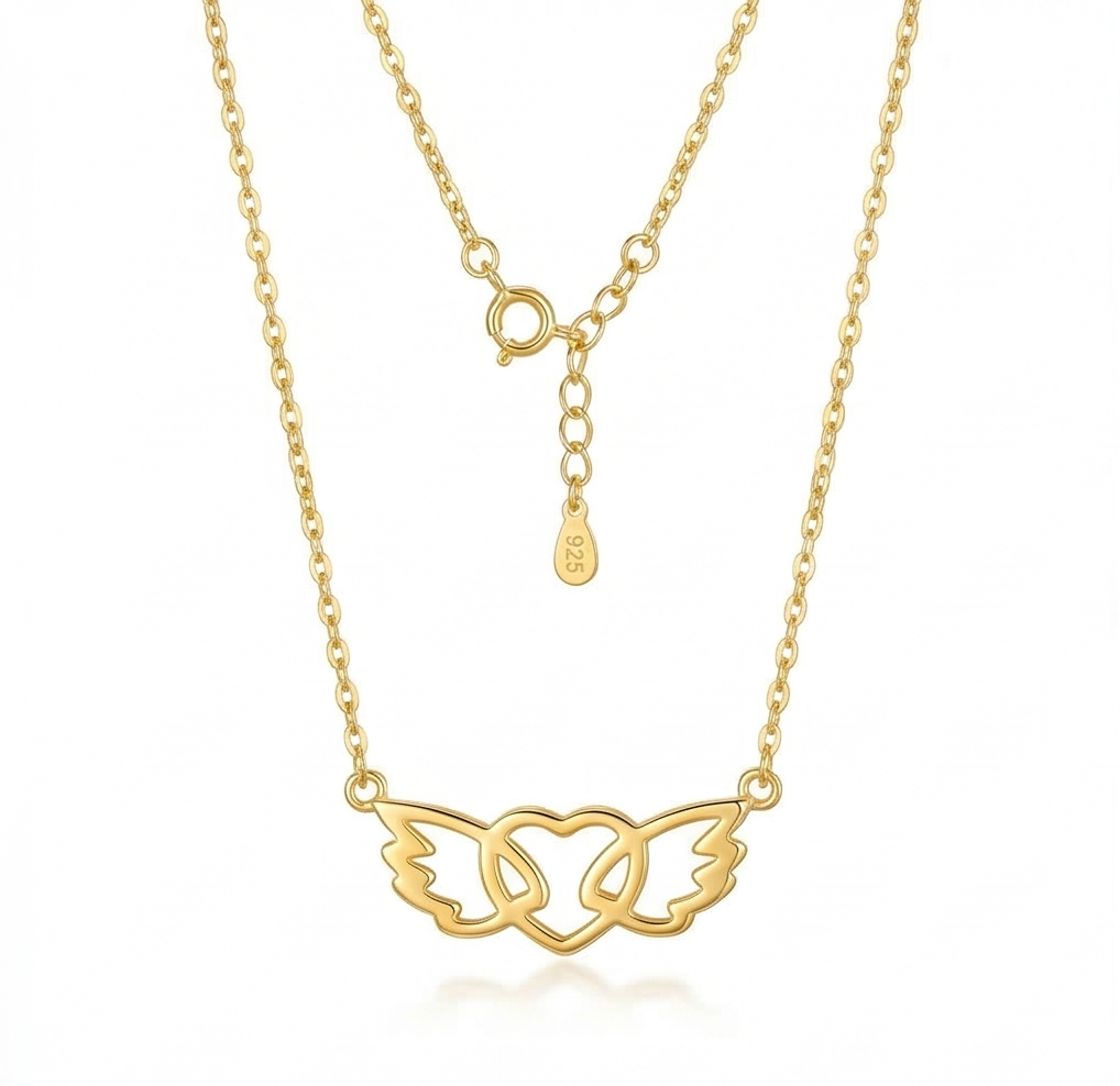 925 Sterling Silver Gold Plated Angel Wing Heart Pendant Necklace Jewellery For Girls : AGkDK02126