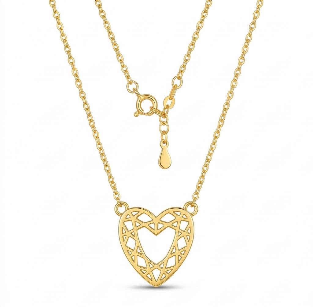 925 Sterling Silver Gold Plated Geometric Openwork Heart Necklace Jewellery For Women : AGkDK02128