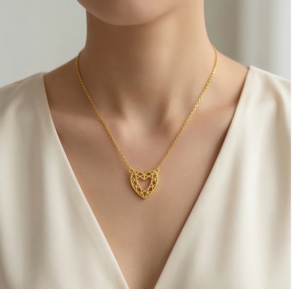 925 Sterling Silver Gold Plated Geometric Openwork Heart Necklace Jewellery For Women : AGkDK02128