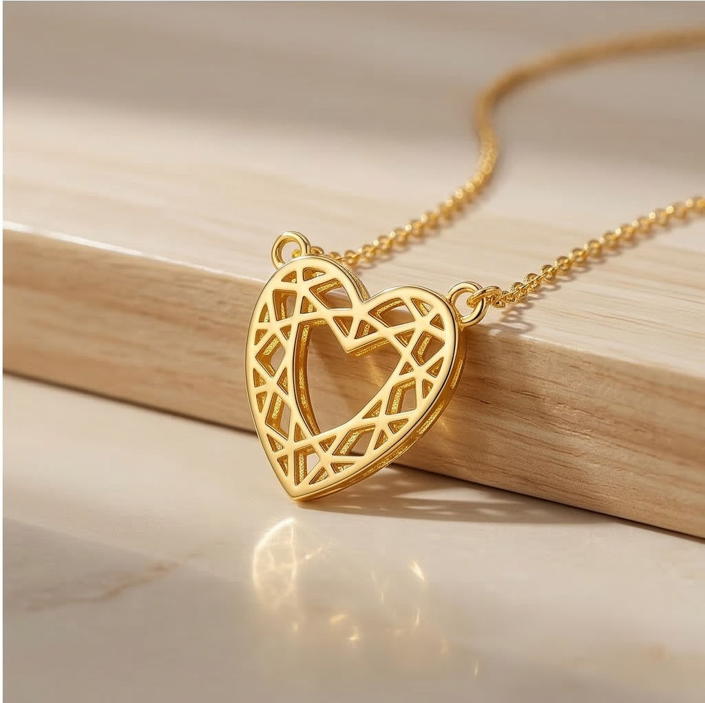 925 Sterling Silver Gold Plated Geometric Openwork Heart Necklace Jewellery For Women : AGkDK02128