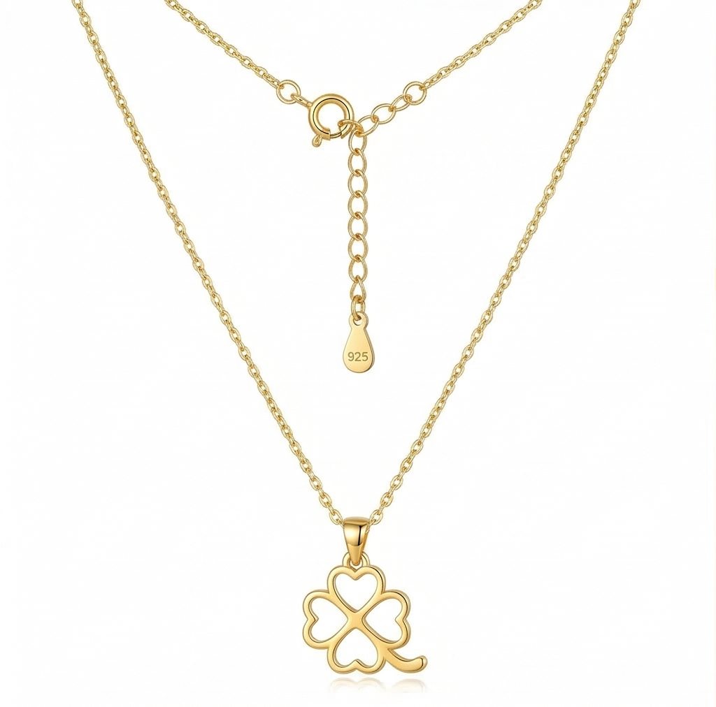 925 Sterling Silver Gold Plated Four Leaf Clover Pendant Necklace Jewellery For Women : AGkDK02129
