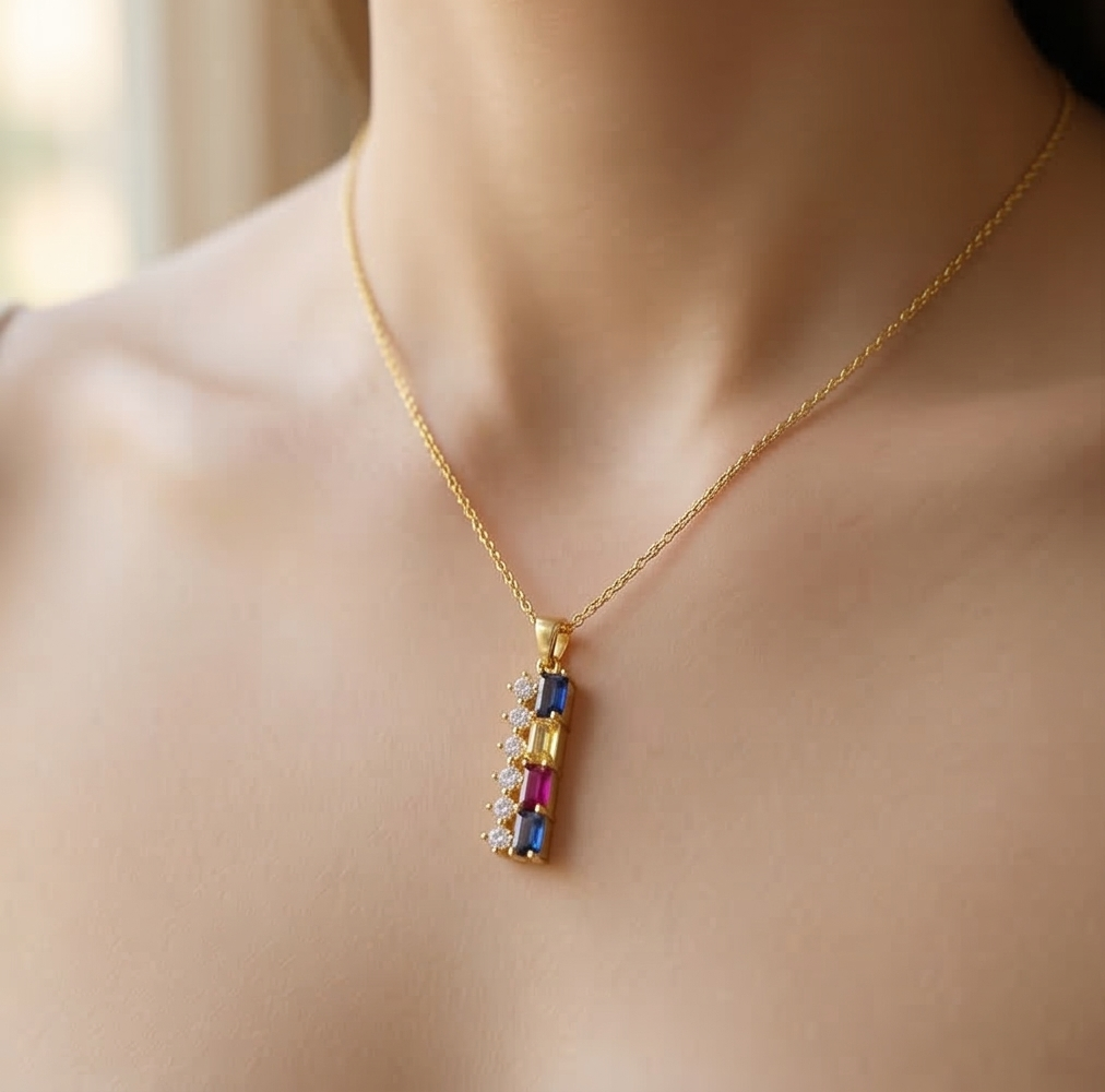 925 Sterling Silver Gold Plated Colorful Vertical Bar Pendant Necklace Jewellery For Women : AGkDK02131