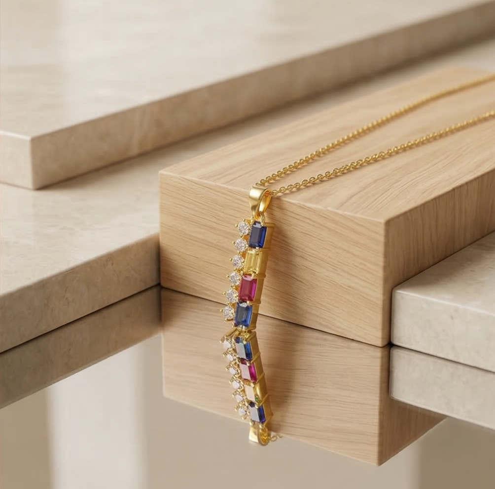 925 Sterling Silver Gold Plated Colorful Vertical Bar Pendant Necklace Jewellery For Women : AGkDK02131