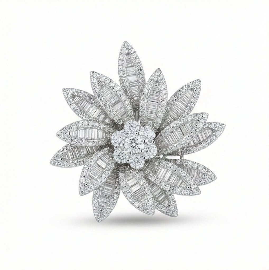 925 Sterling Silver Oversized Floral Statement Ring High Polish Rhodium Jewellery : AGkLR02155