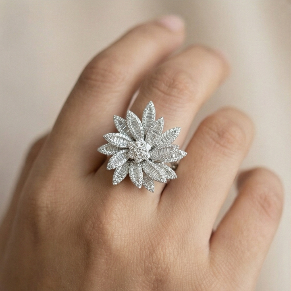925 Sterling Silver Oversized Floral Statement Ring High Polish Rhodium Jewellery : AGkLR02155