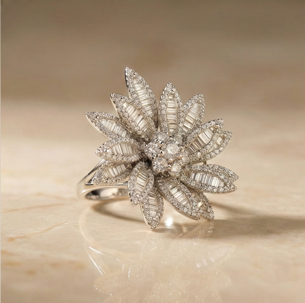 925 Sterling Silver Oversized Floral Statement Ring High Polish Rhodium Jewellery : AGkLR02155