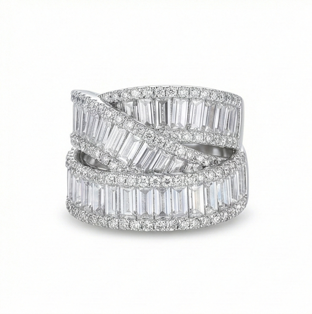 925 Sterling Silver Layered Criss-Cross Band Ring High Polish Rhodium Jewellery : AGkLR02156