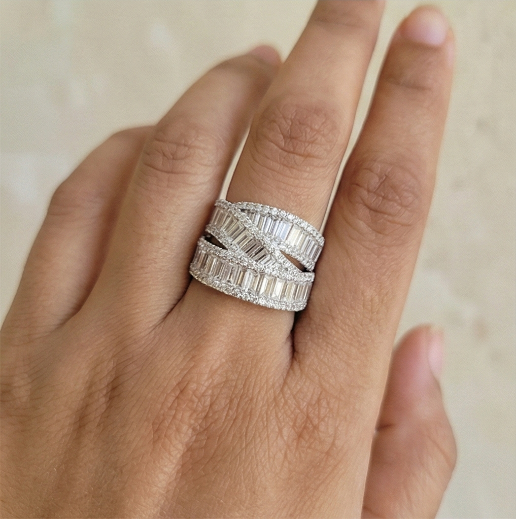 925 Sterling Silver Layered Criss-Cross Band Ring High Polish Rhodium Jewellery : AGkLR02156