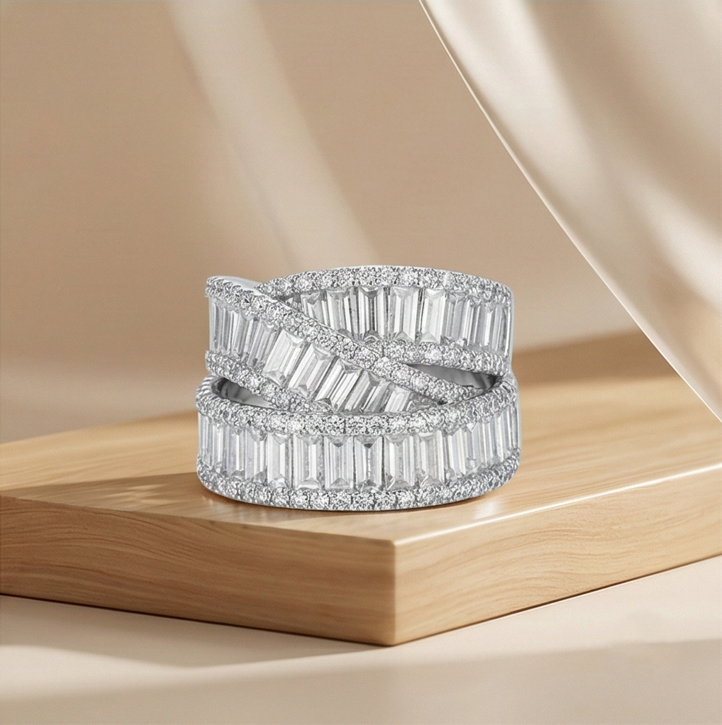 925 Sterling Silver Layered Criss-Cross Band Ring High Polish Rhodium Jewellery : AGkLR02156