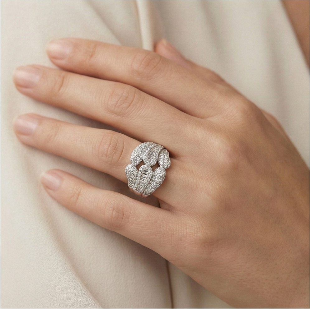 925 Sterling Silver Interlocking Dome Ring High Polish Rhodium Jewellery : AGkLR02158