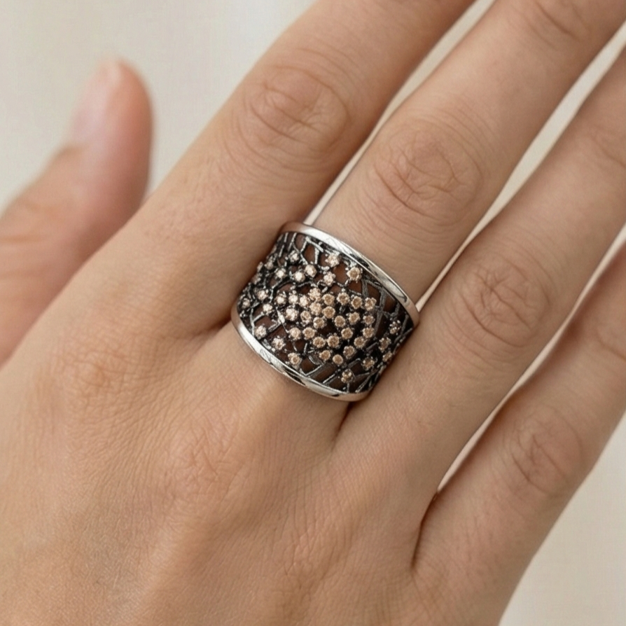 925 Sterling Silver Openwork Mesh Ring High Polish Rhodium Jewellery : AGkLR02161