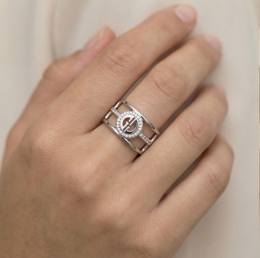 925 Sterling Silver Wide Cutout Geometric Ring High Polish Rhodium Finish Contemporary Jewellery : AGkLR02168-1