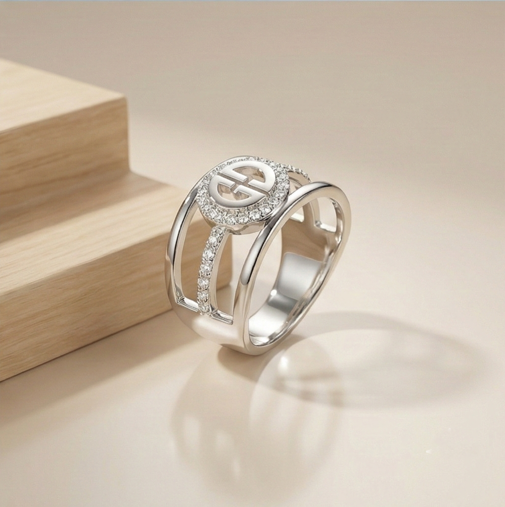 925 Sterling Silver Wide Cutout Geometric Ring High Polish Rhodium Finish Contemporary Jewellery : AGkLR02168-1