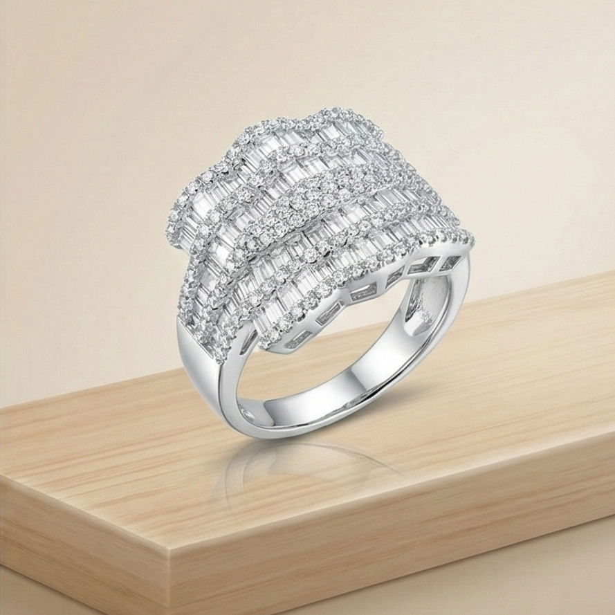 925 Sterling Silver Multi-Row Cocktail Ring High Polish Rhodium Finish Glamour Jewellery For Women : AGkLR02170