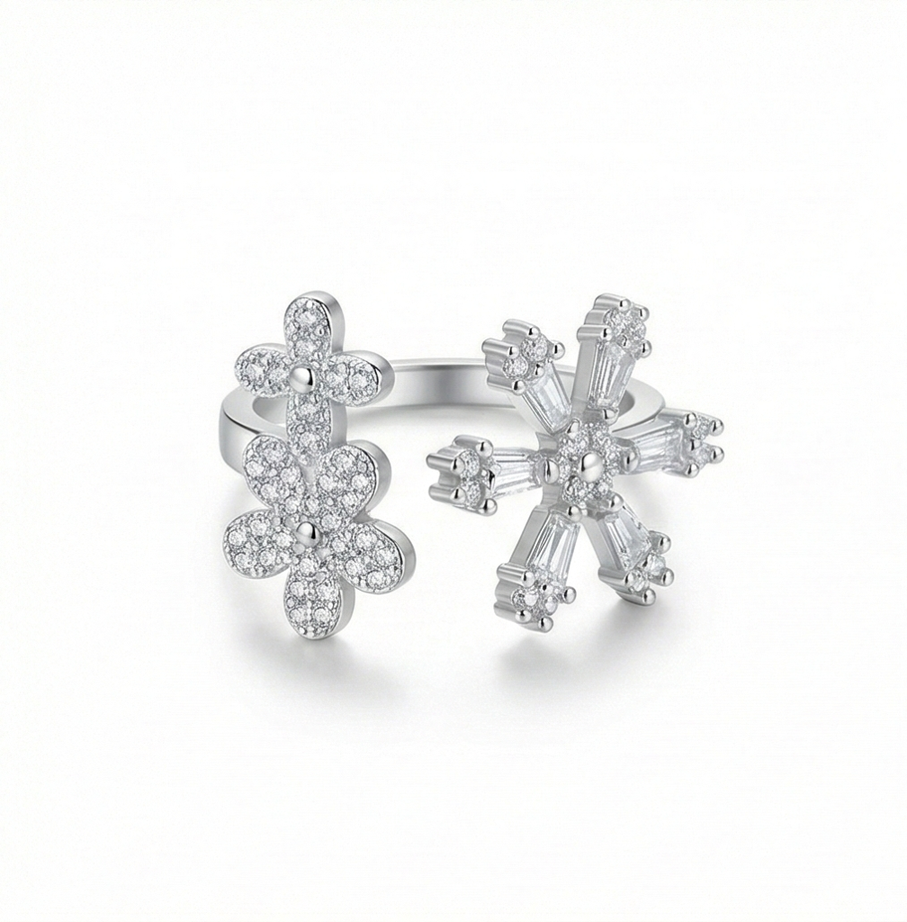 925 Sterling Silver Floral Snowflake Open Bypass Ring High Polish Rhodium Finish Delicate Jewellery : AGkLR02172