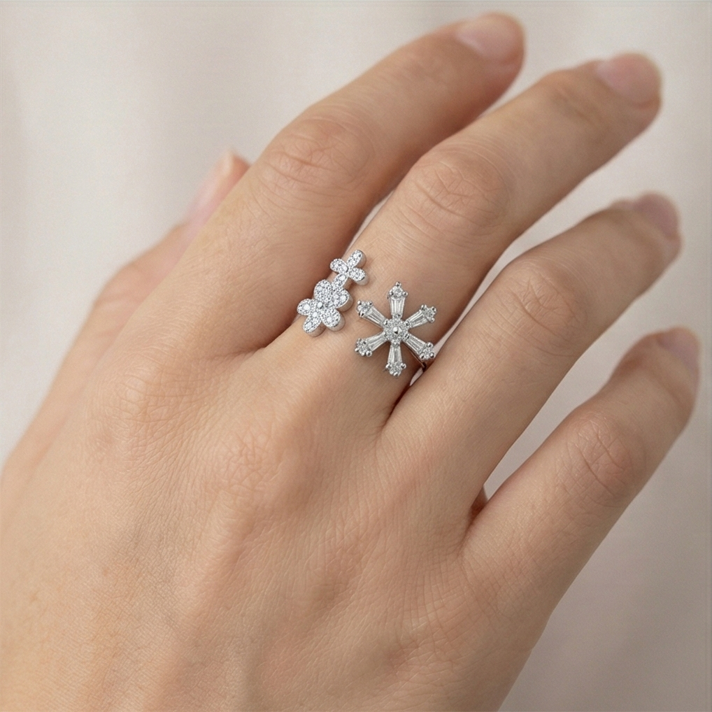 925 Sterling Silver Floral Snowflake Open Bypass Ring High Polish Rhodium Finish Delicate Jewellery : AGkLR02172