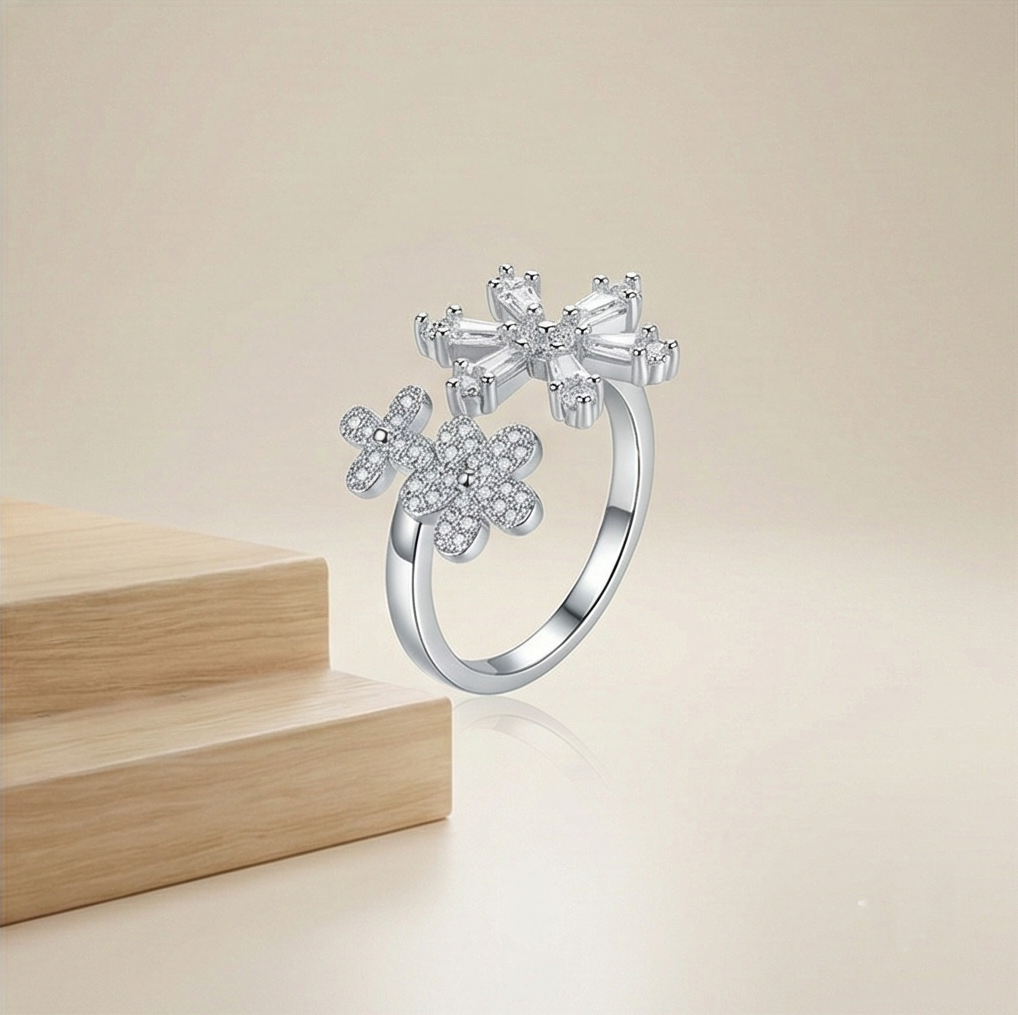 925 Sterling Silver Floral Snowflake Open Bypass Ring High Polish Rhodium Finish Delicate Jewellery : AGkLR02172