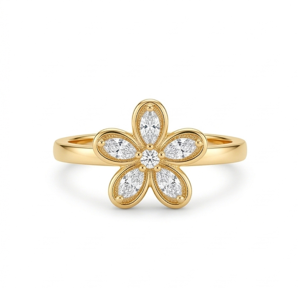 925 Sterling Silver Floral Ring Yellow Gold Finish Jewellery For Women : AGkLR02179