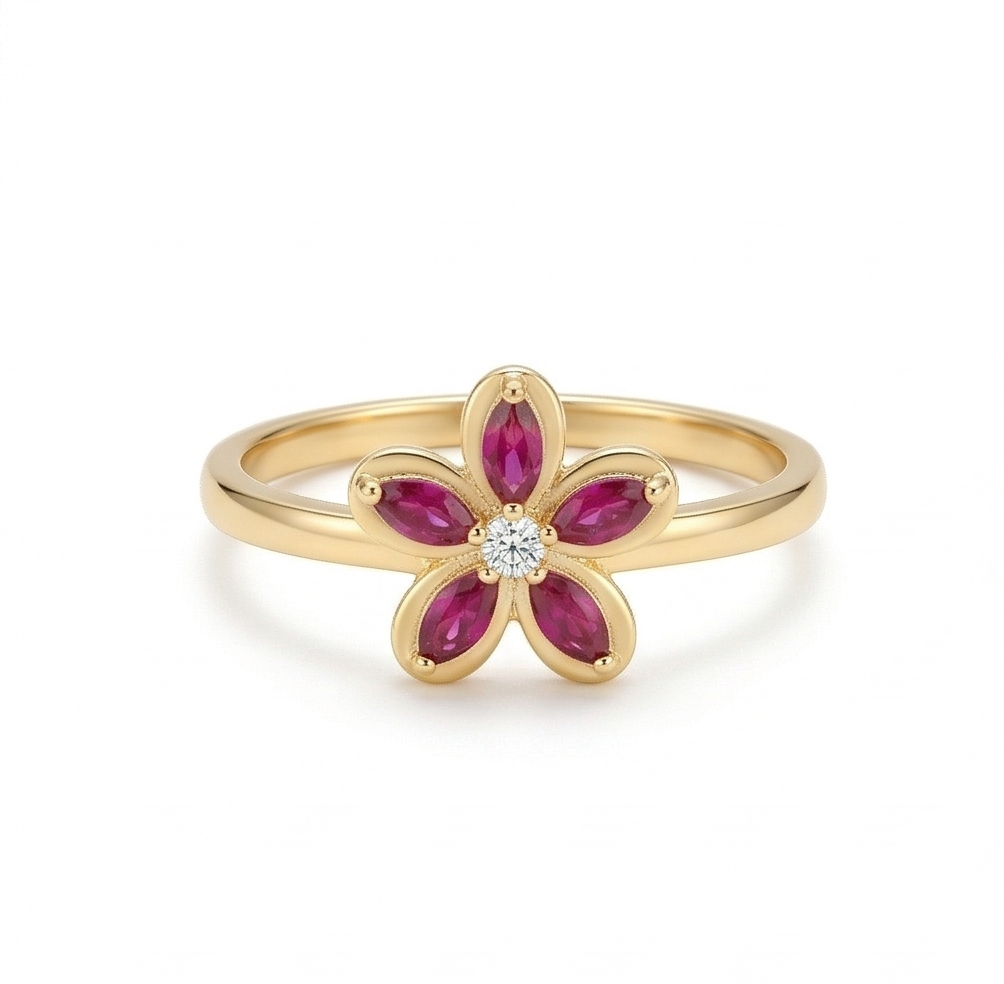 925 Sterling Silver Floral Ring Yellow Gold Finish Jewellery For Women : AGkLR02179-2
