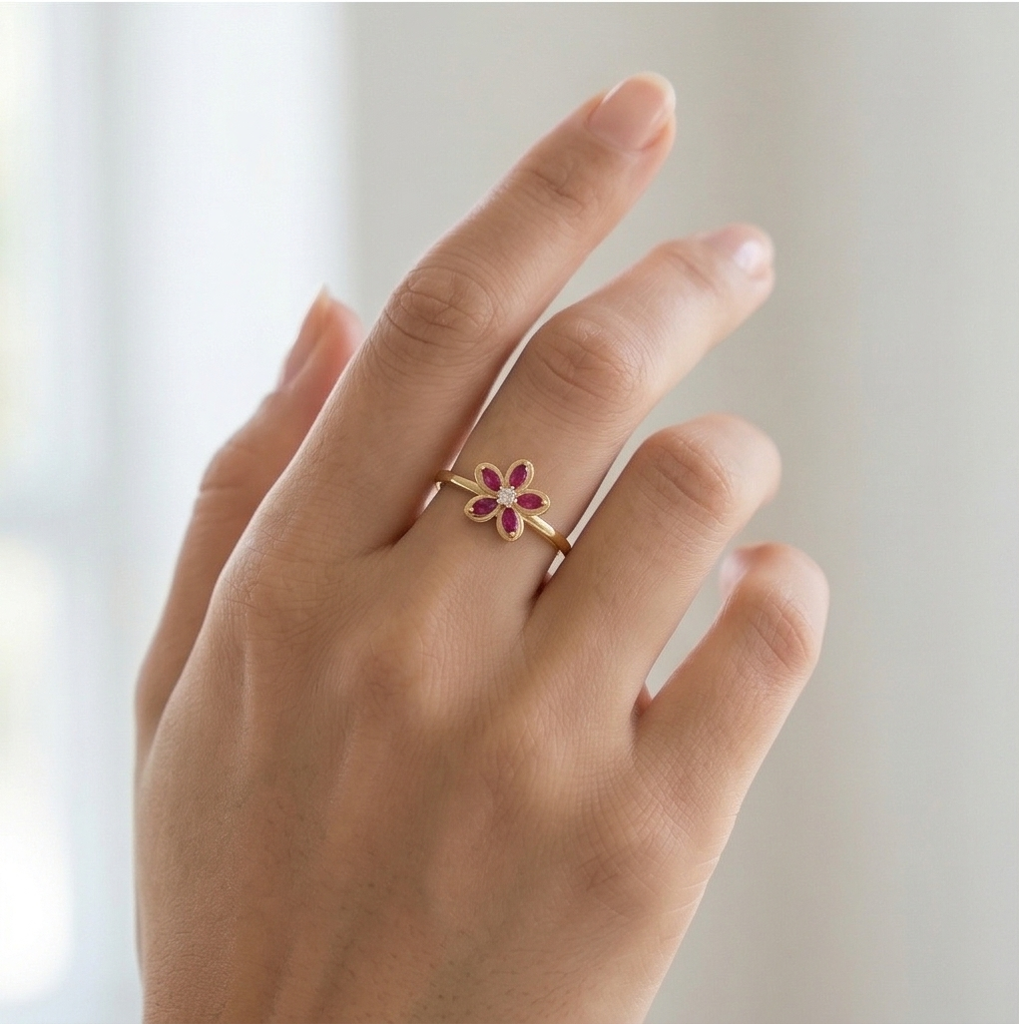 925 Sterling Silver Floral Ring Yellow Gold Finish Jewellery For Women : AGkLR02179-2