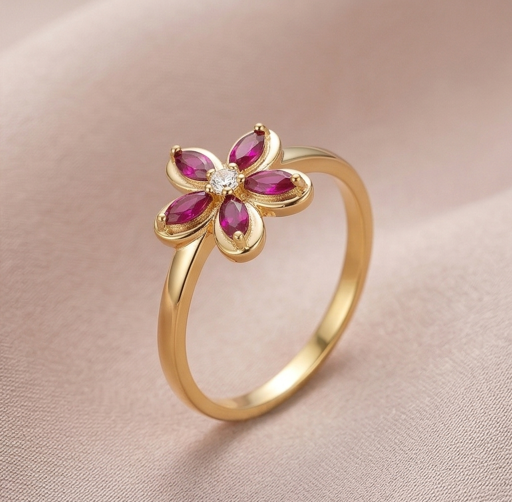 925 Sterling Silver Floral Ring Yellow Gold Finish Jewellery For Women : AGkLR02179-2