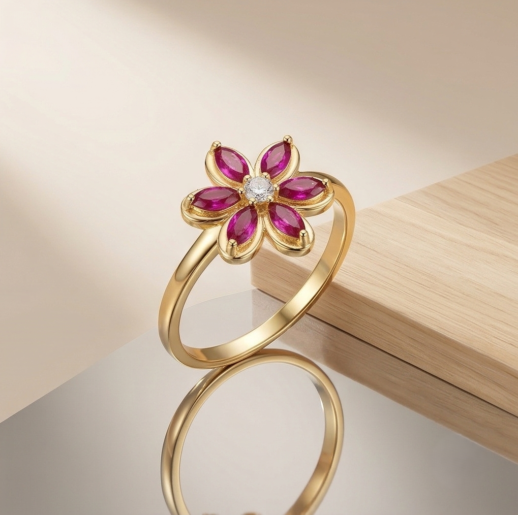 925 Sterling Silver Floral Ring Yellow Gold Finish Jewellery For Women : AGkLR02179-2