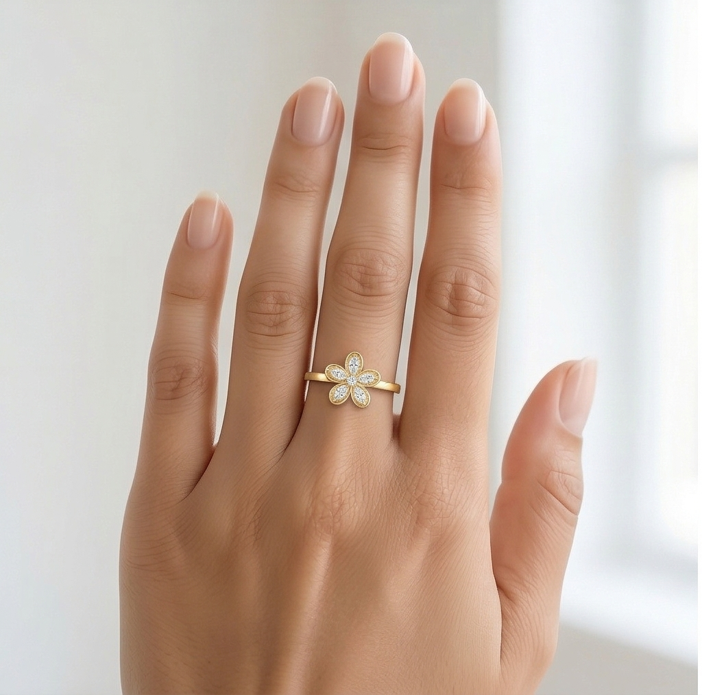 925 Sterling Silver Floral Ring Yellow Gold Finish Jewellery For Women : AGkLR02179