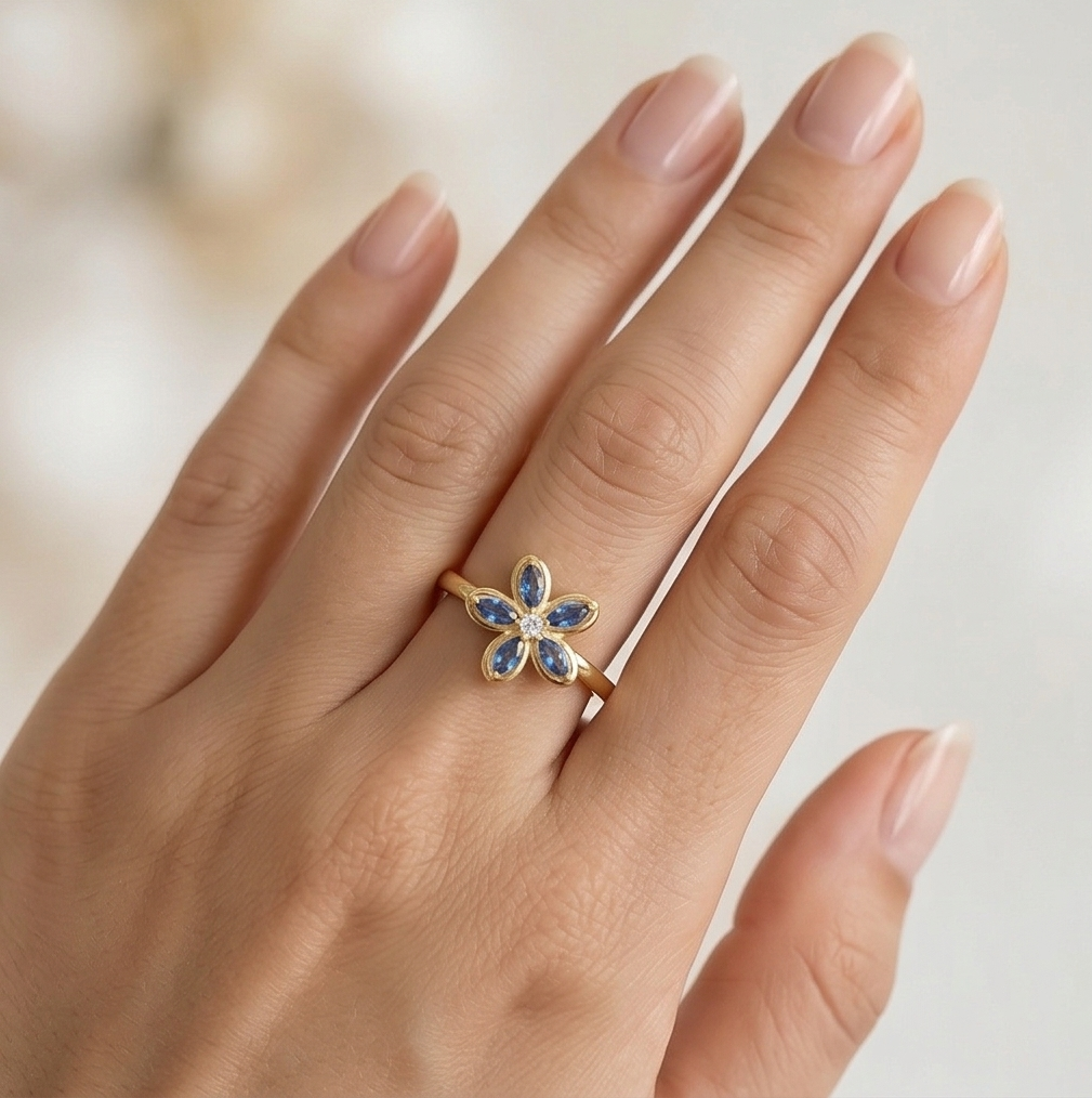 925 Sterling Silver Floral Ring Yellow Gold Finish Jewellery For Women : AGkLR02179-3
