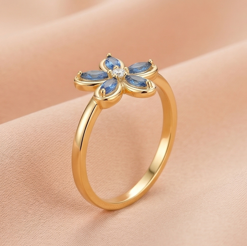925 Sterling Silver Floral Ring Yellow Gold Finish Jewellery For Women : AGkLR02179-3