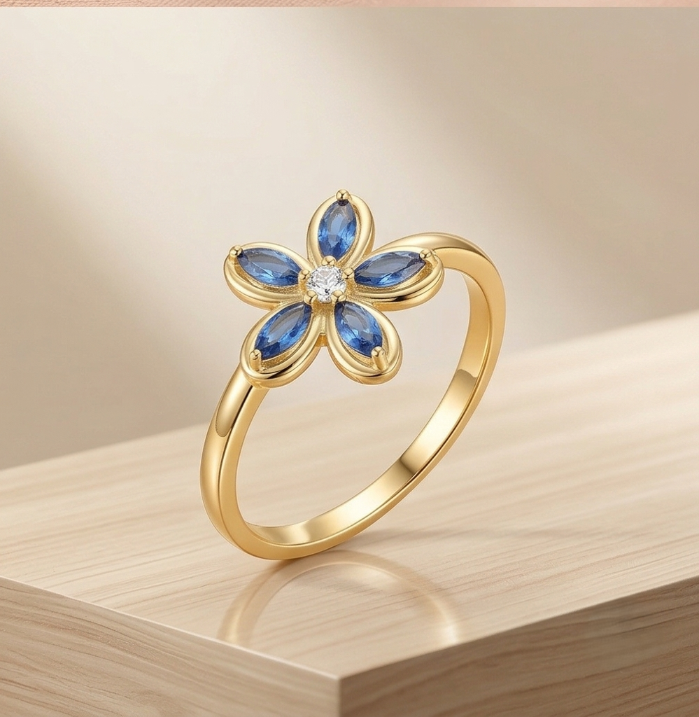 925 Sterling Silver Floral Ring Yellow Gold Finish Jewellery For Women : AGkLR02179-3