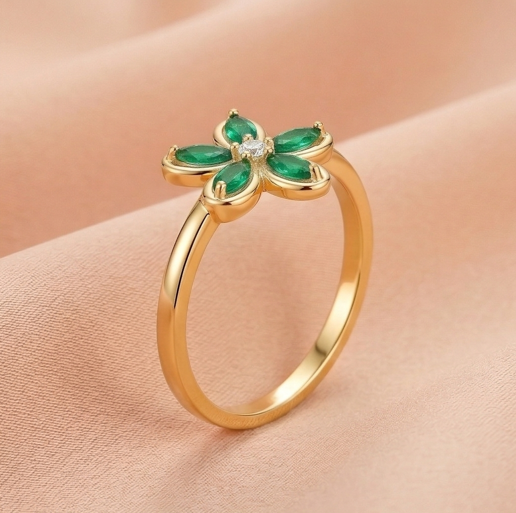 925 Sterling Silver Floral Ring Yellow Gold Finish Jewellery For Women : AGkLR02179-4