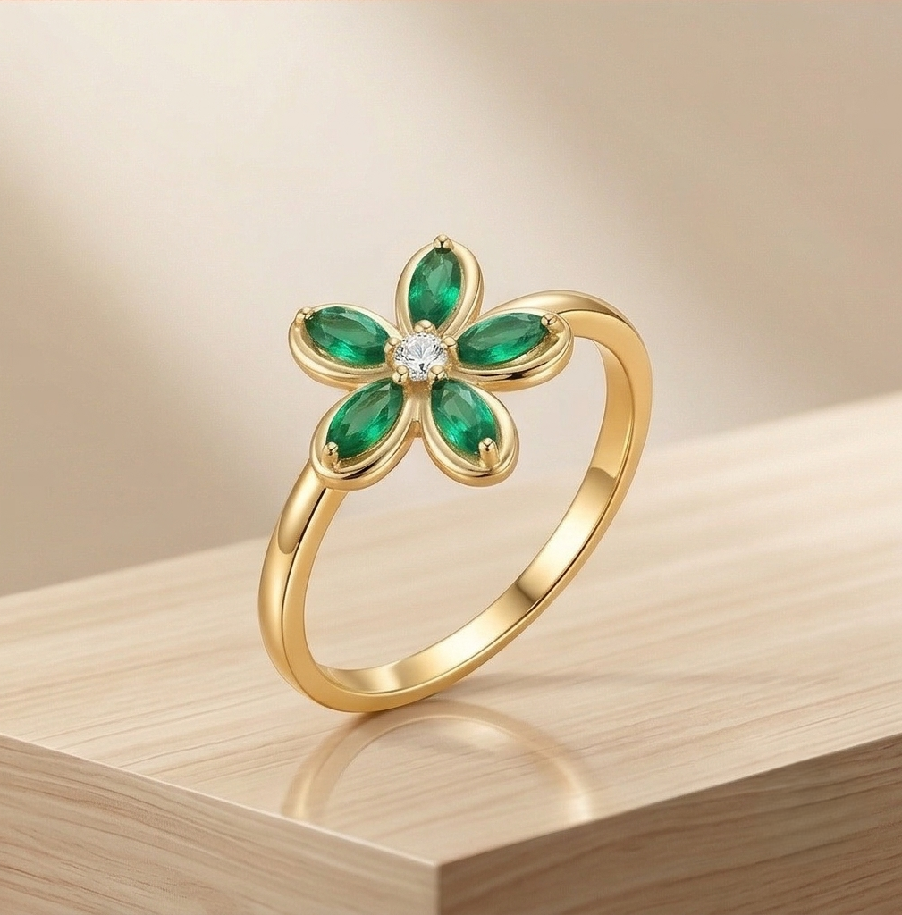 925 Sterling Silver Floral Ring Yellow Gold Finish Jewellery For Women : AGkLR02179-4