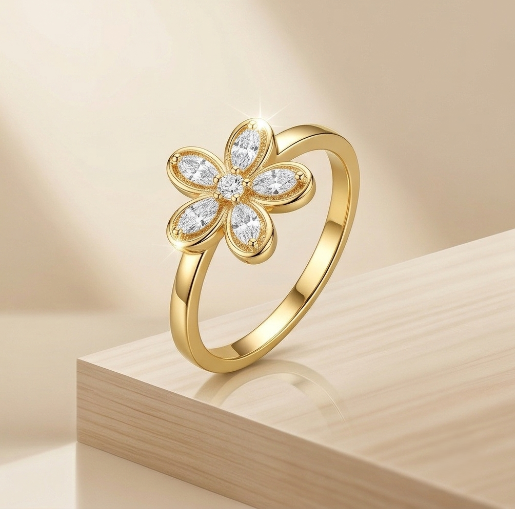 925 Sterling Silver Floral Ring Yellow Gold Finish Jewellery For Women : AGkLR02179