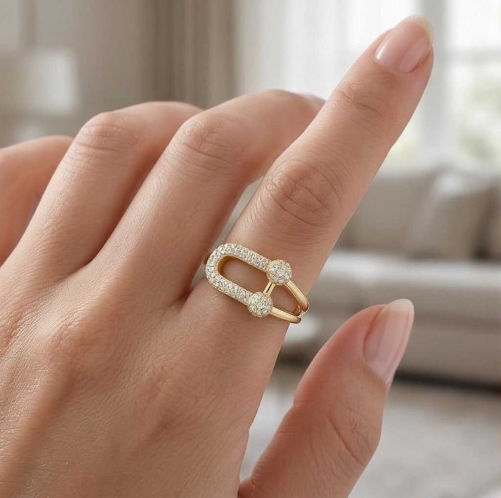 925 Sterling Silver U-Link Statement Ring With Yellow Gold Finish Contemporary Women'S Jewellery : AGkLR02187