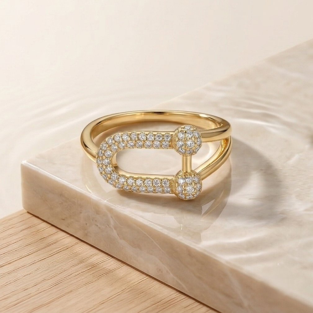 925 Sterling Silver U-Link Statement Ring With Yellow Gold Finish Contemporary Women'S Jewellery : AGkLR02187