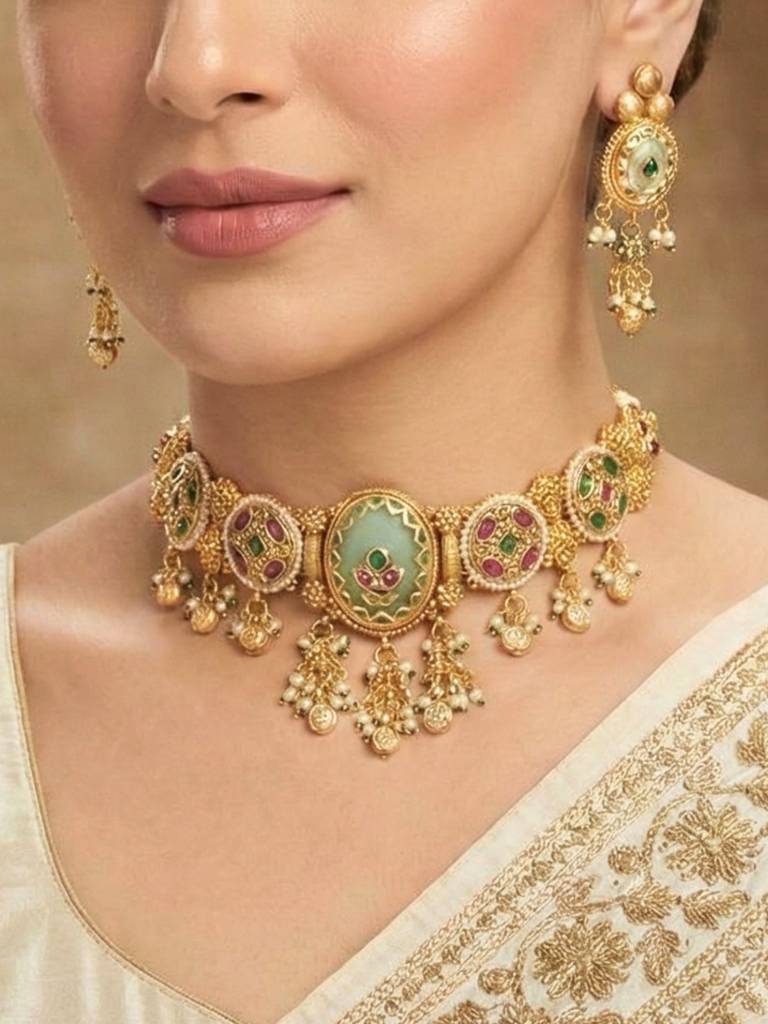 Rajwadi Stone Dangling Choker Set : AKN040