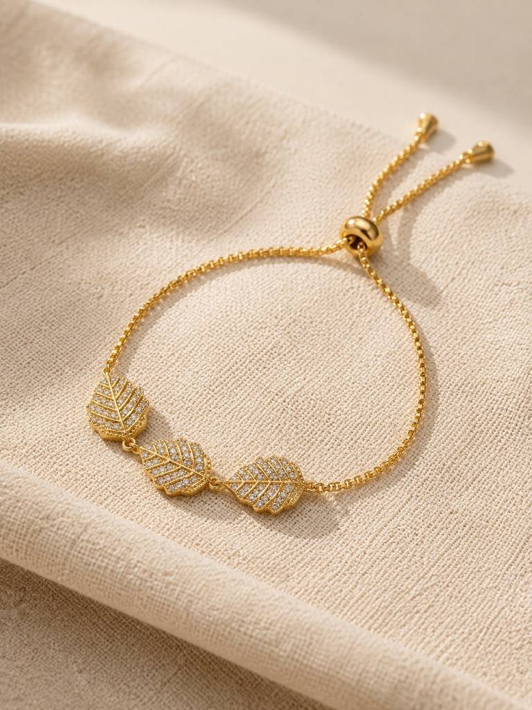 18K Gold Plated Cz Leaf Charm Adjustable Bracelet : AKBR020