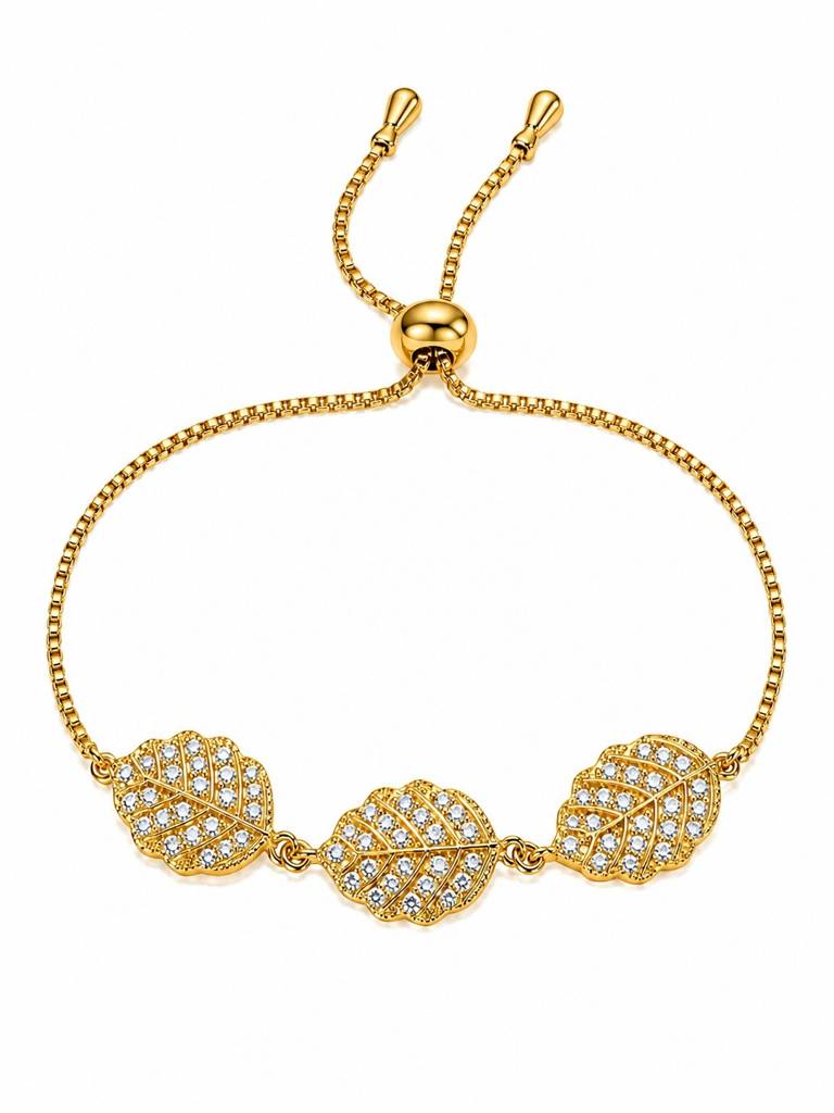 18K Gold Plated Cz Leaf Charm Adjustable Bracelet : AKBR020