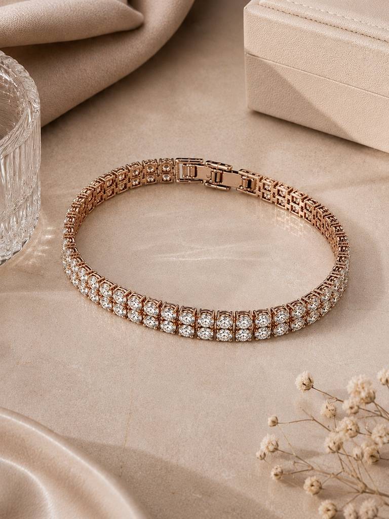 18K Rose Gold Plated Double Row Cz Tennis Bracelet : AKBR021