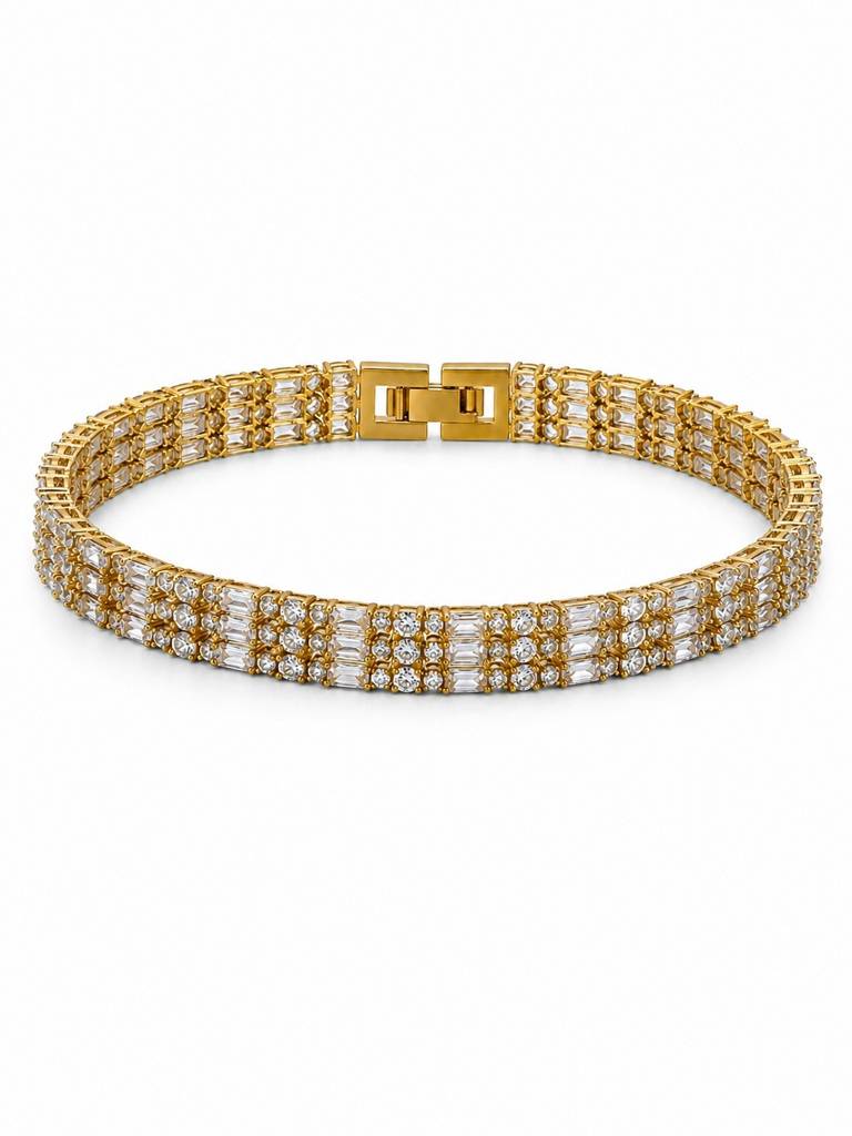 18K Gold Plated Triple Row Baguette Cz Tennis Bracelet : AKBR022