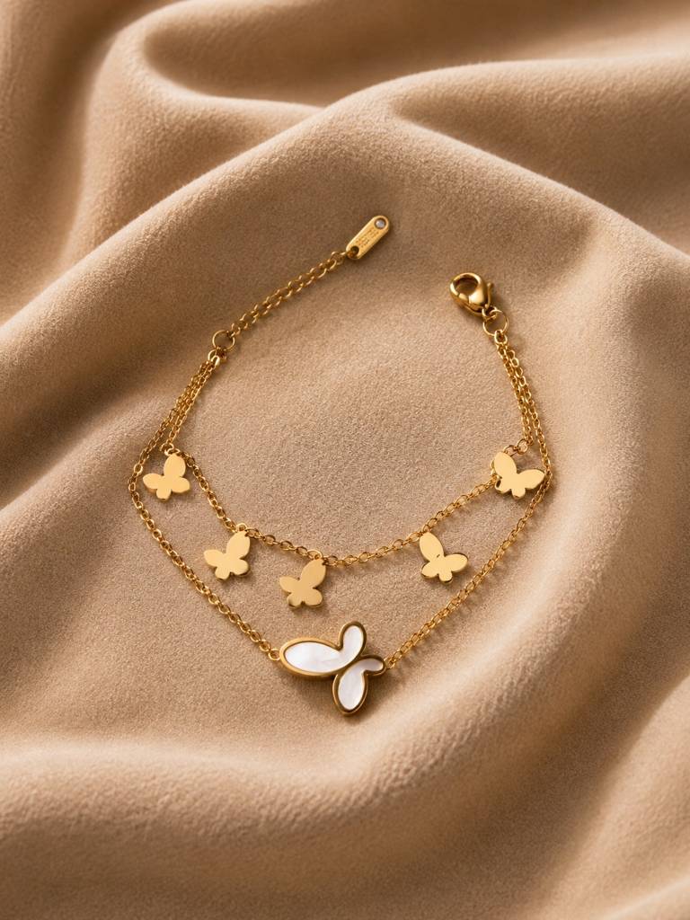 18K Gold Plated Mop Butterfly Layered Bracelet : AKBR024