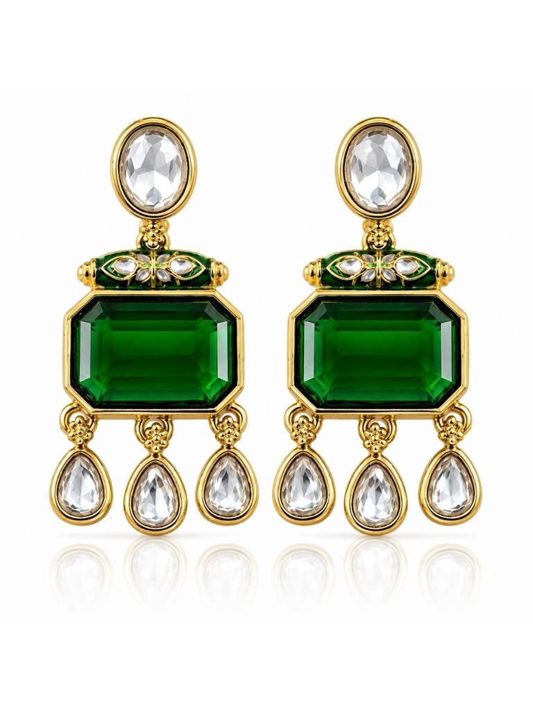 Gold Plated Pachi Kundan Green Stone Studded Dangler Earrings : AKE124