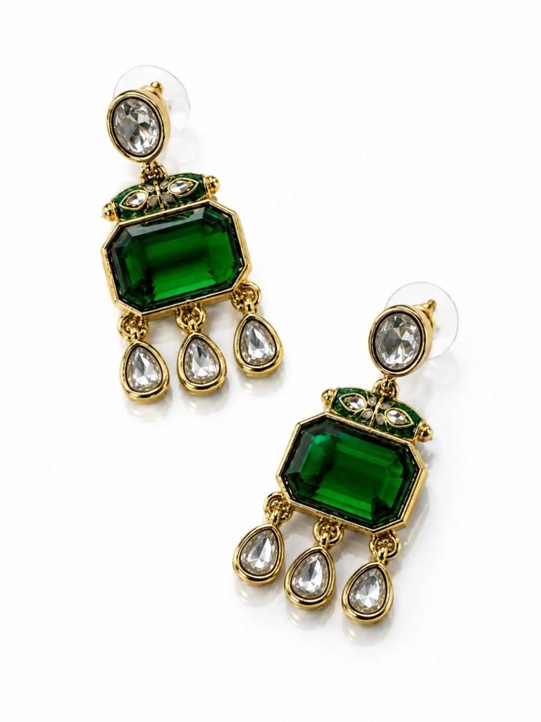 Gold Plated Pachi Kundan Green Stone Studded Dangler Earrings : AKE124
