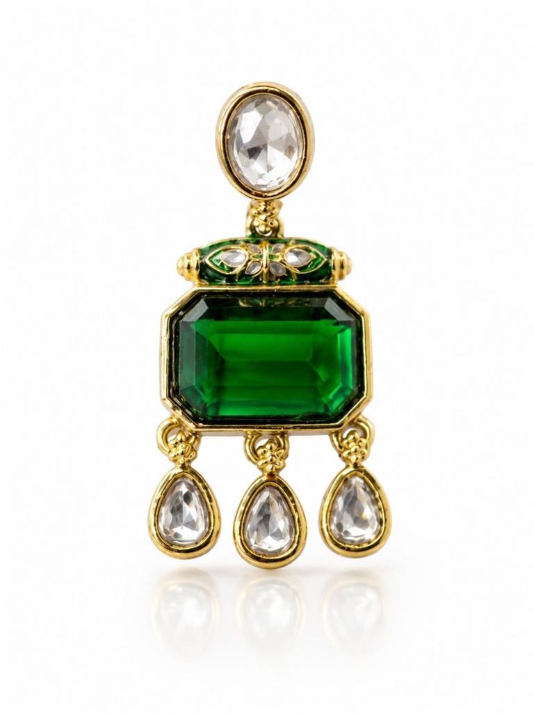 Gold Plated Pachi Kundan Green Stone Studded Dangler Earrings : AKE124