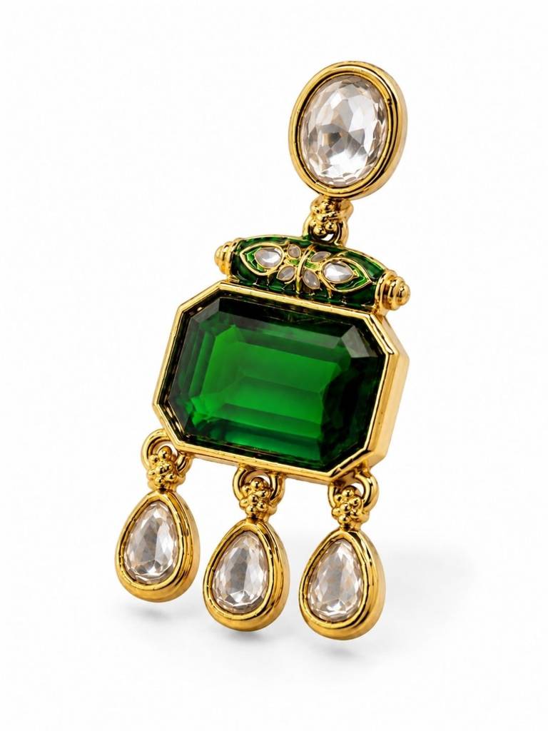 Gold Plated Pachi Kundan Green Stone Studded Dangler Earrings : AKE124