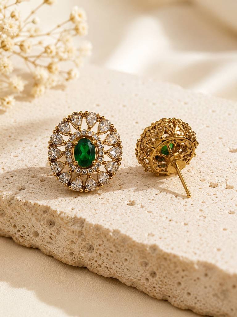 Moissanite Mehendi Polish Emerald Green Cz Stud Earrings : AKE125