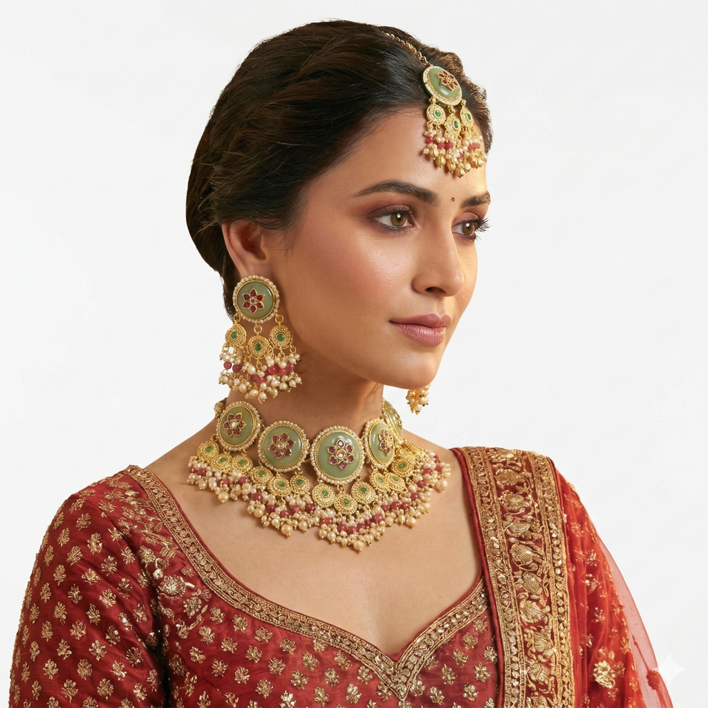 Stone & Pearl Bridal Necklace Set : AKN039