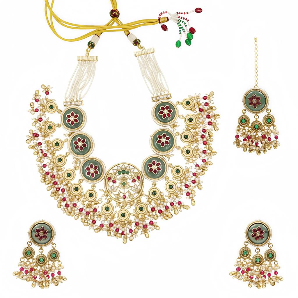 Stone & Pearl Bridal Necklace Set : AKN039